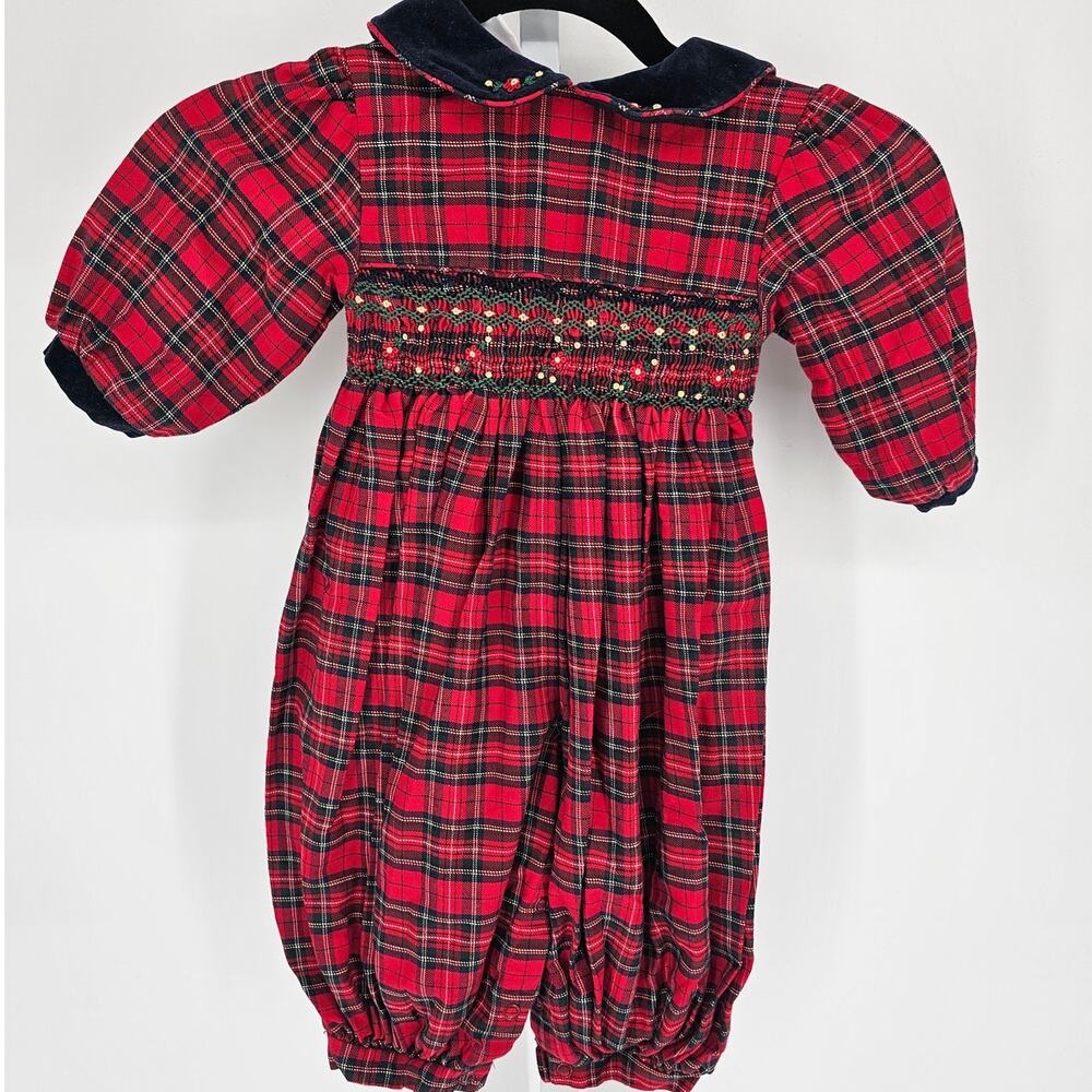 Vintage 1980s CC Baby Toddler Girls Sz 12M Bubble Romper Red Black Plaid Xmas